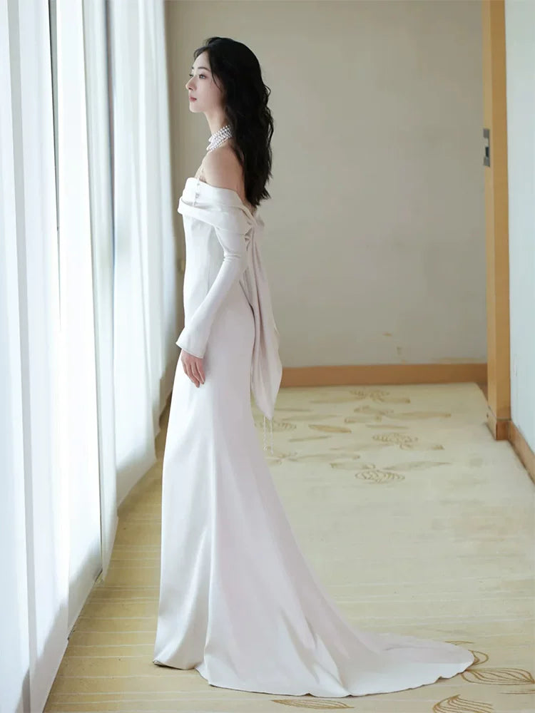 Stylish Off-Shoulder Mermaid Wedding Dress Long Sleeve Satin Bridal Outfit AP6859