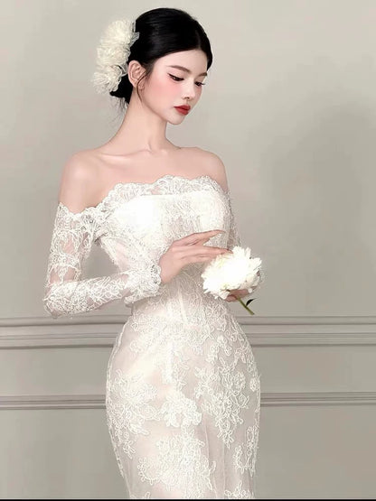 Fitted Off-Shoulder Mermaid Wedding Dress Lace Long Sleeve Bridal Dress AP6860