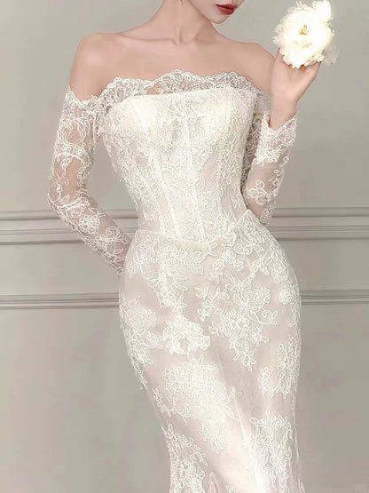 Fitted Off-Shoulder Mermaid Wedding Dress Lace Long Sleeve Bridal Dress AP6860