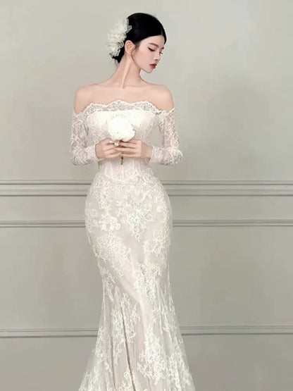 Fitted Off-Shoulder Mermaid Wedding Dress Lace Long Sleeve Bridal Dress AP6860