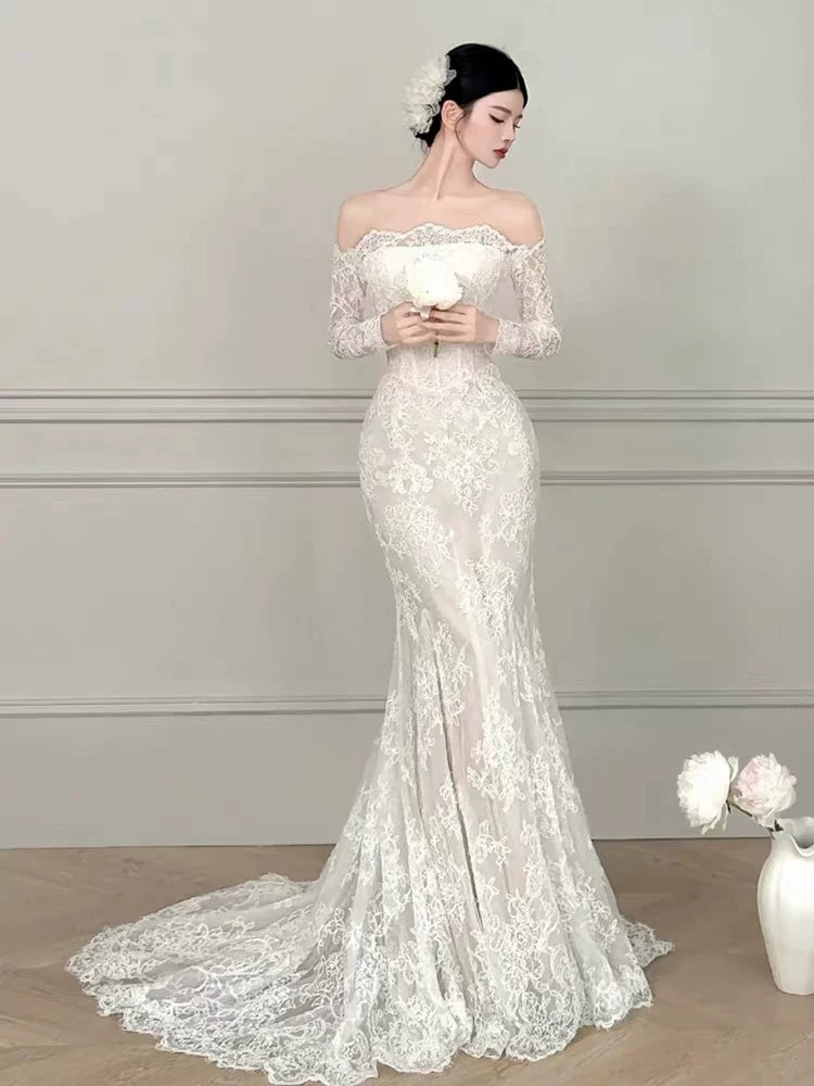 Fitted Off-Shoulder Mermaid Wedding Dress Lace Long Sleeve Bridal Dress AP6860