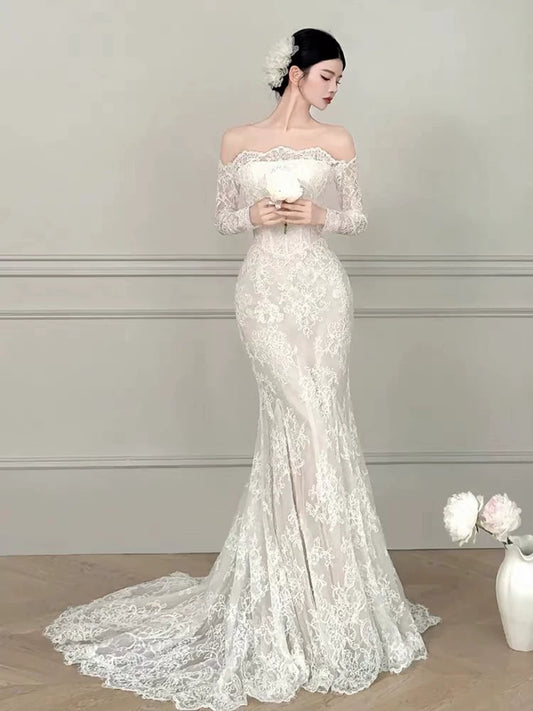 Fitted Off-Shoulder Mermaid Wedding Dress Lace Long Sleeve Bridal Dress AP6860