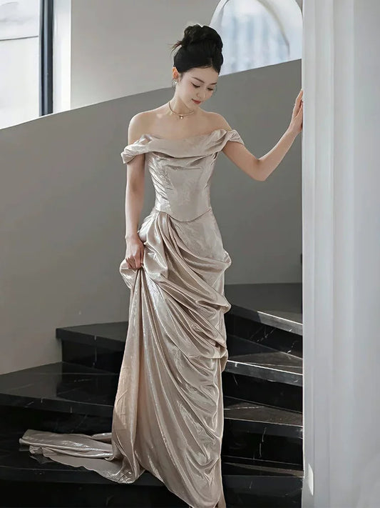 Flattering Off-Shoulder Prom Dress Sheath Draped Formal Dress AP6861