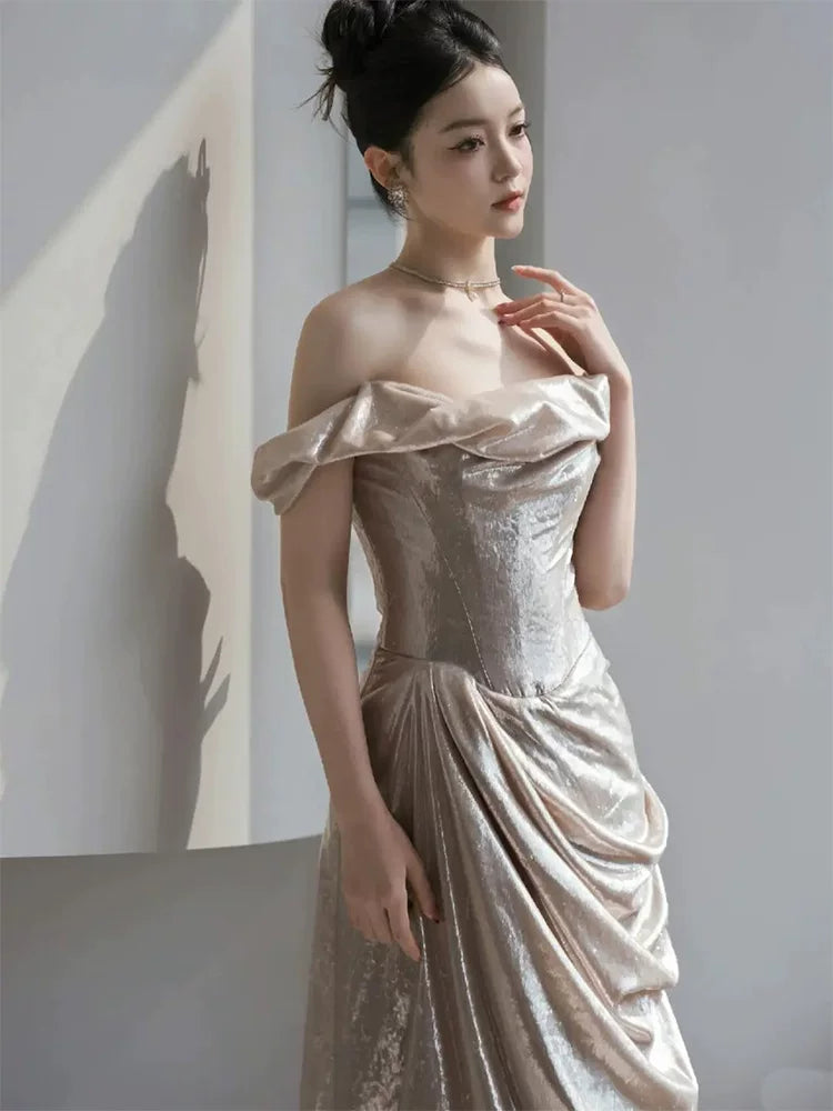 Flattering Off-Shoulder Prom Dress Sheath Draped Formal Dress AP6861