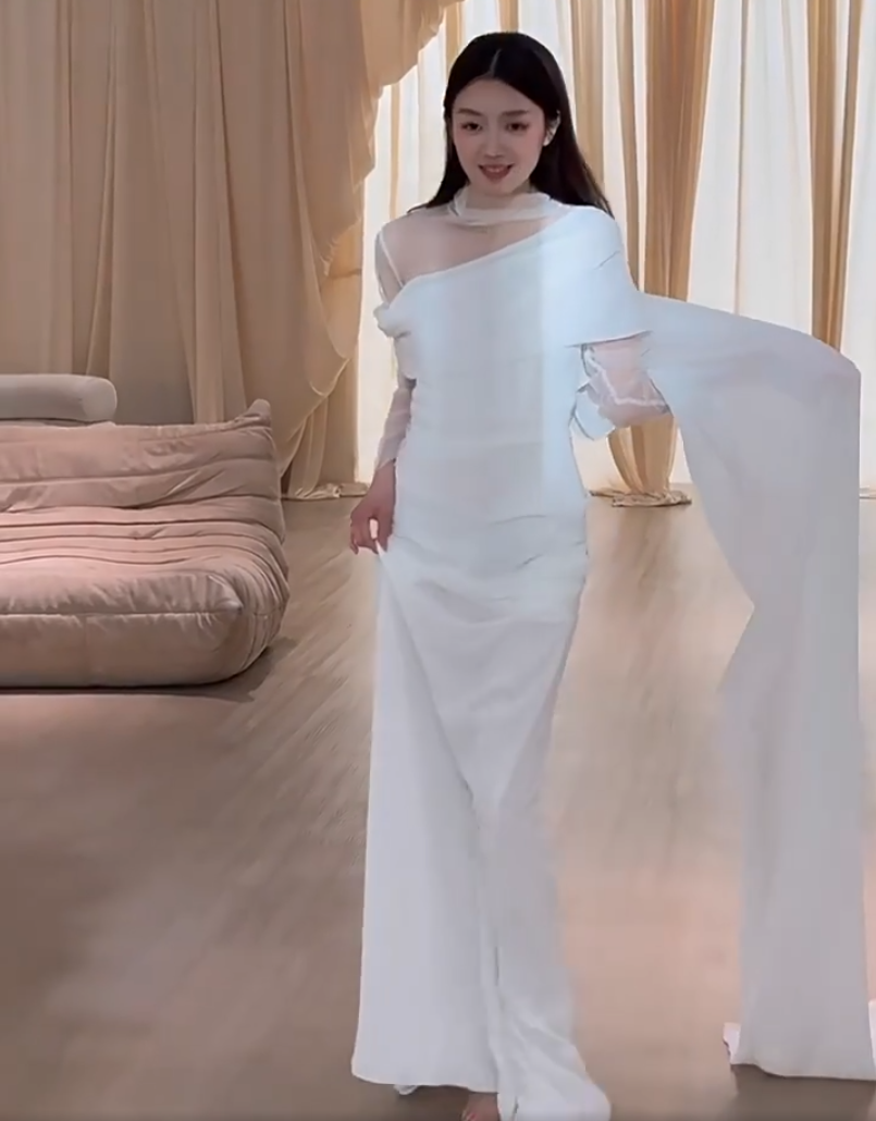 Trendy High Collar Tulle Wedding Dress Long Sleeve Satin Sheath Bridal Outfit AP6862