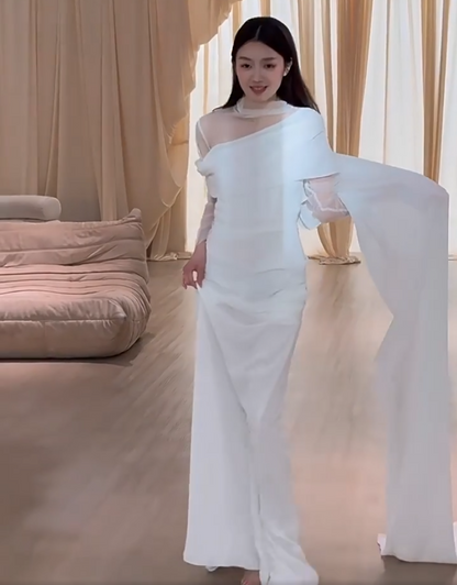 Trendy High Collar Tulle Wedding Dress Long Sleeve Satin Sheath Bridal Outfit AP6862