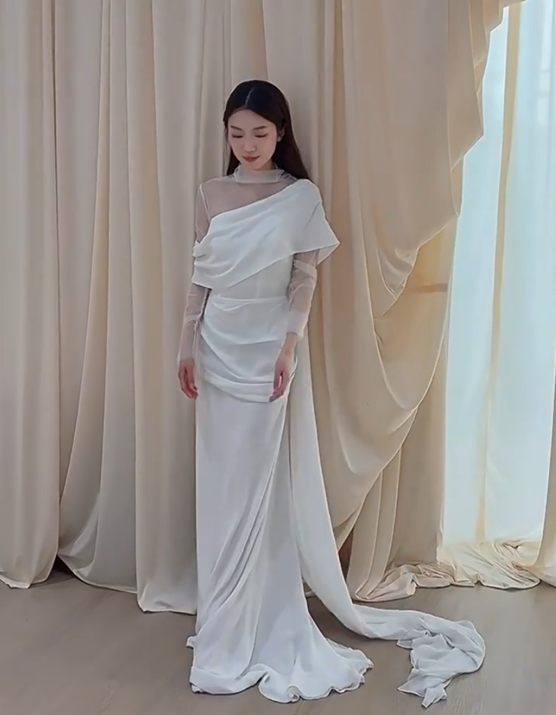 Trendy High Collar Tulle Wedding Dress Long Sleeve Satin Sheath Bridal Outfit AP6862