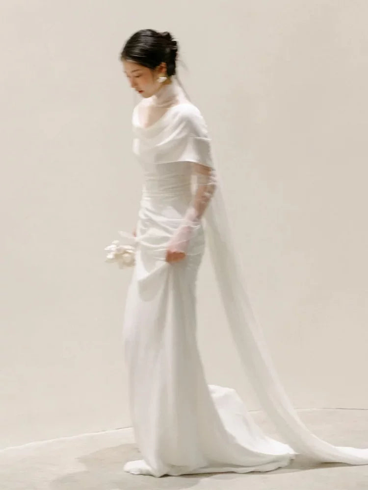 Trendy High Collar Tulle Wedding Dress Long Sleeve Satin Sheath Bridal Outfit AP6862