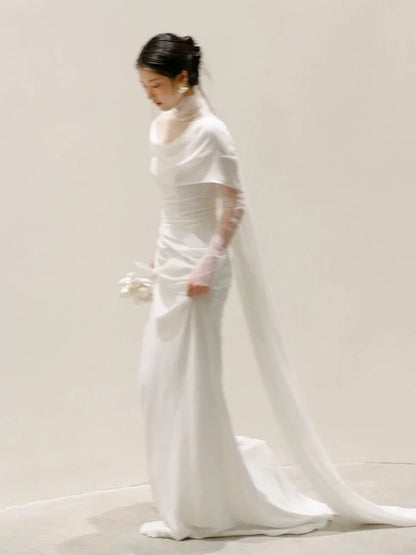 Trendy High Collar Tulle Wedding Dress Long Sleeve Satin Sheath Bridal Outfit AP6862