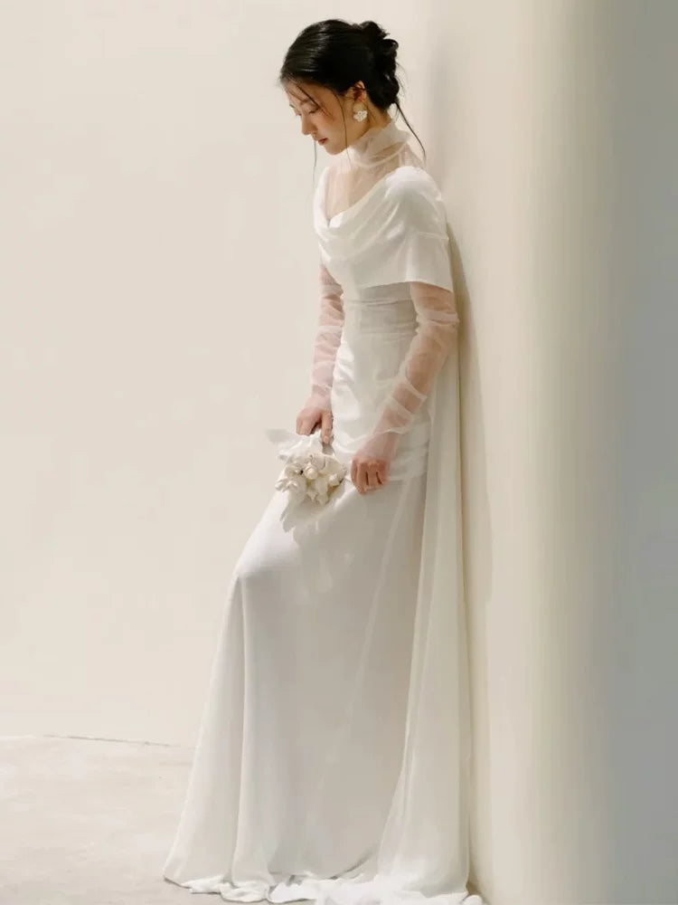 Trendy High Collar Tulle Wedding Dress Long Sleeve Satin Sheath Bridal Outfit AP6862