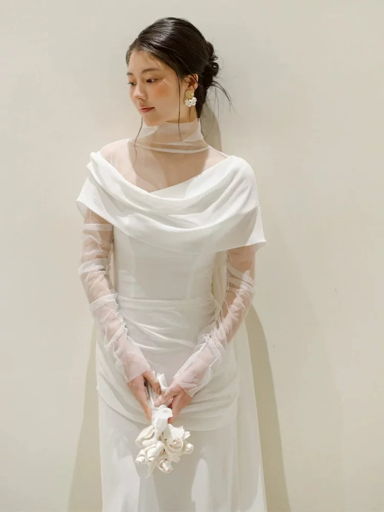 Trendy High Collar Tulle Wedding Dress Long Sleeve Satin Sheath Bridal Outfit AP6862