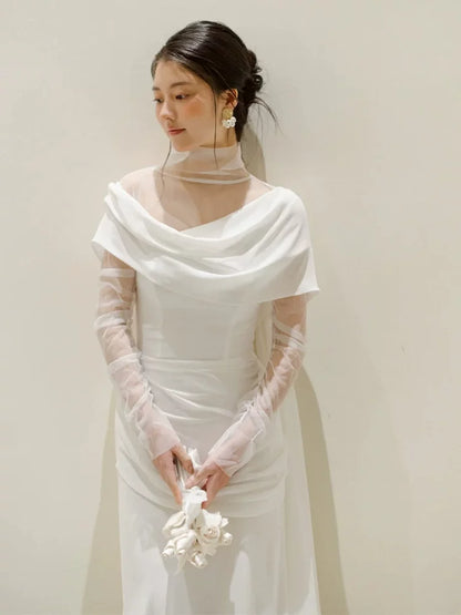 Trendy High Collar Tulle Wedding Dress Long Sleeve Satin Sheath Bridal Outfit AP6862