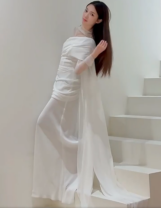 Trendy High Collar Tulle Wedding Dress Long Sleeve Satin Sheath Bridal Outfit AP6862