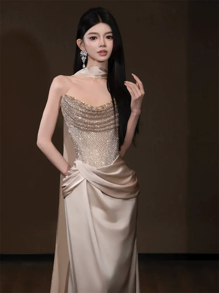 Attractive Strapless champagne Prom Dress Mermaid Sequins Formal Outfit AP6863