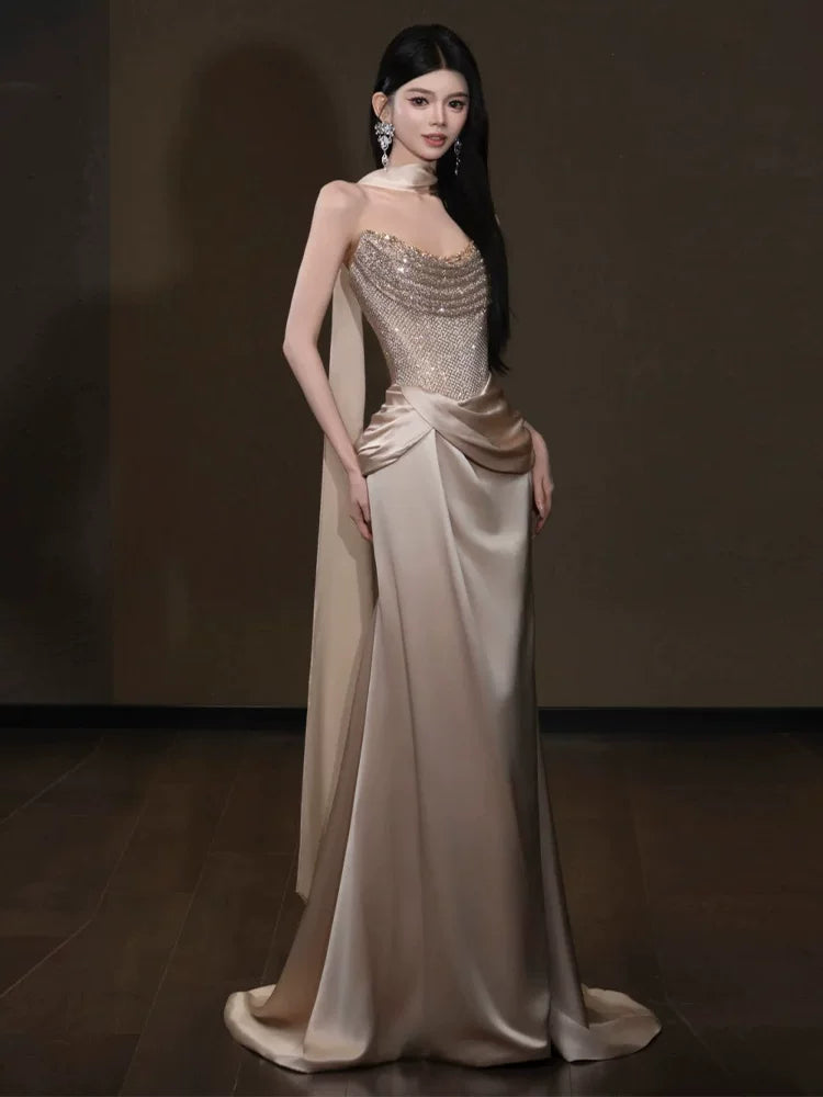 Attractive Strapless champagne Prom Dress Mermaid Sequins Formal Outfit AP6863