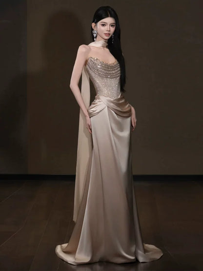 Attractive Strapless champagne Prom Dress Mermaid Sequins Formal Outfit AP6863