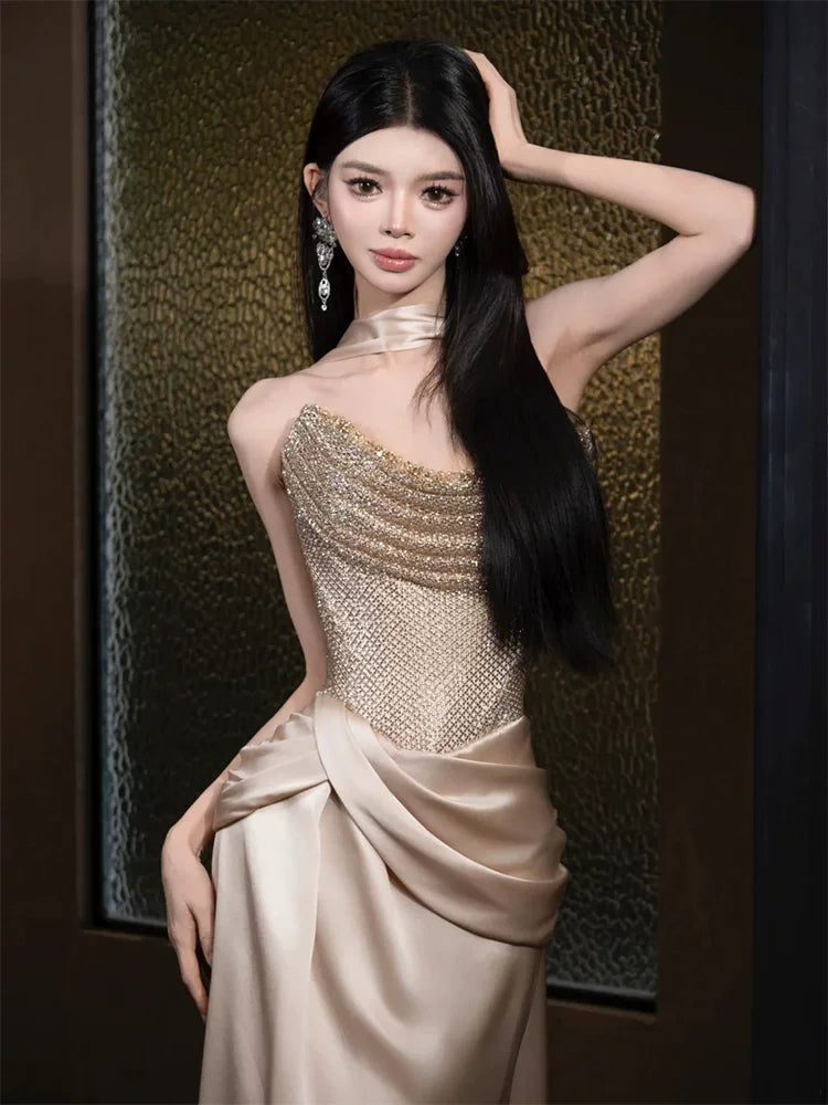 Attractive Strapless champagne Prom Dress Mermaid Sequins Formal Outfit AP6863