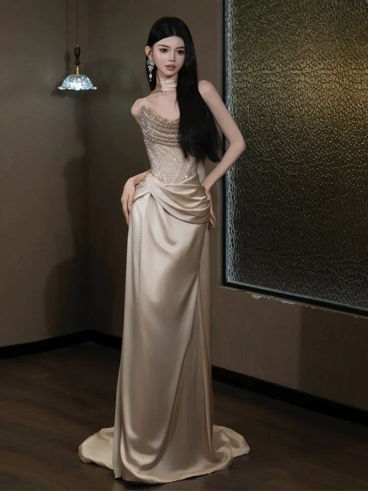 Attractive Strapless champagne Prom Dress Mermaid Sequins Formal Outfit AP6863