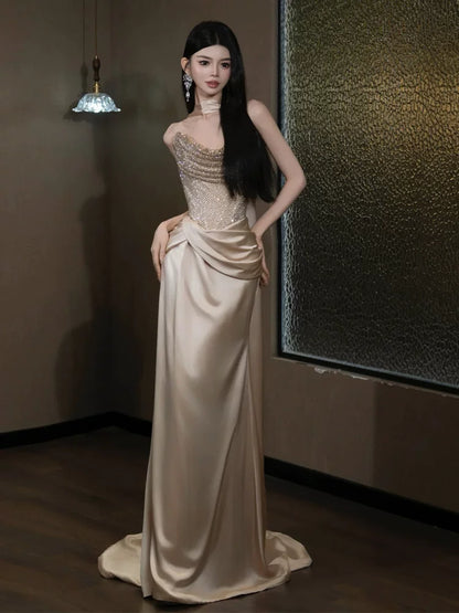 Attractive Strapless champagne Prom Dress Mermaid Sequins Formal Outfit AP6863