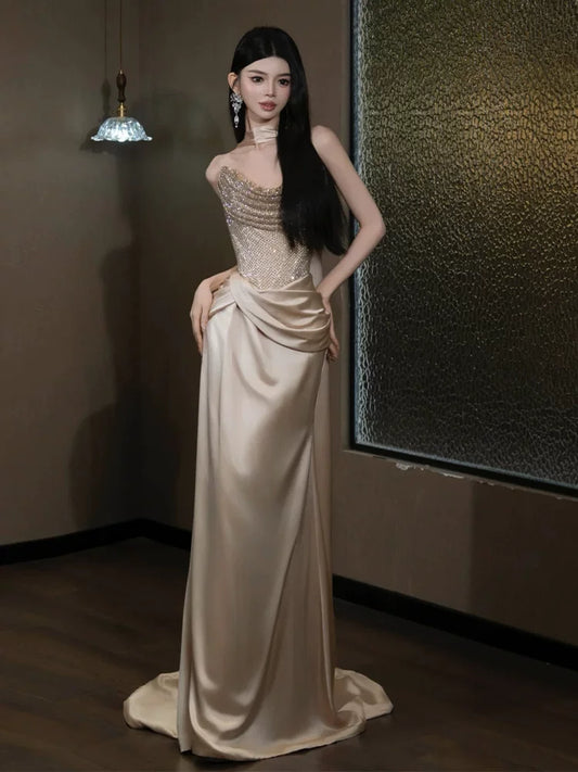 Attractive Strapless champagne Prom Dress Mermaid Sequins Formal Outfit AP6863