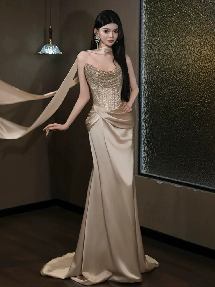 Attractive Strapless champagne Prom Dress Mermaid Sequins Formal Outfit AP6863