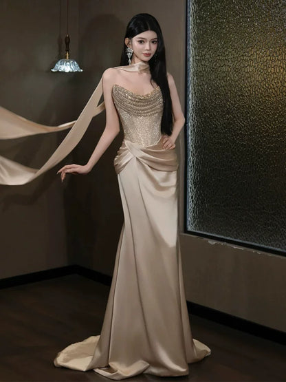 Attractive Strapless champagne Prom Dress Mermaid Sequins Formal Outfit AP6863