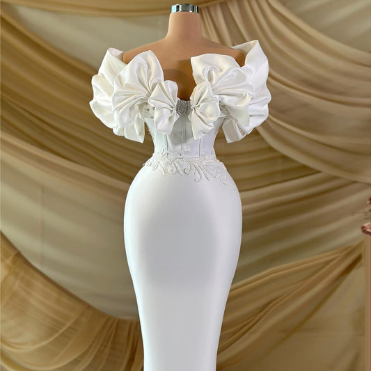 Vogue Ruffled Off-Shoulder Satin Wedding Dress Beads Appliques Mermaid Bridal Dress AP6864