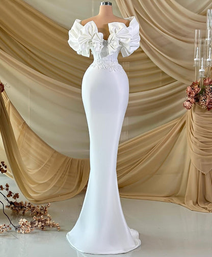 Vogue Ruffled Off-Shoulder Satin Wedding Dress Beads Appliques Mermaid Bridal Dress AP6864