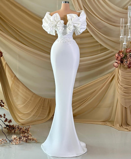 Vogue Ruffled Off-Shoulder Satin Wedding Dress Beads Appliques Mermaid Bridal Dress AP6864