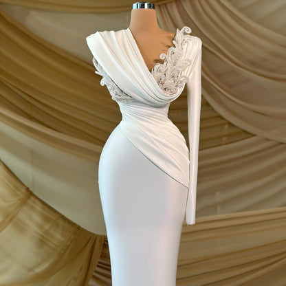 Modern Sheath V Neck Wedding Dress Long Sleeve Beading Bridal Outfit AP6866