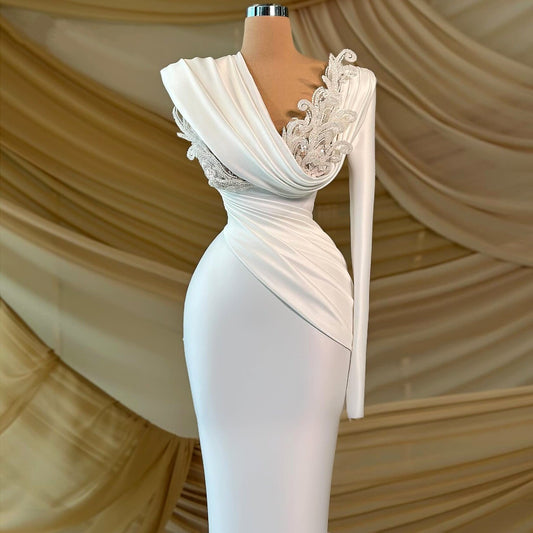 Modern Sheath V Neck Wedding Dress Long Sleeve Beading Bridal Outfit AP6866