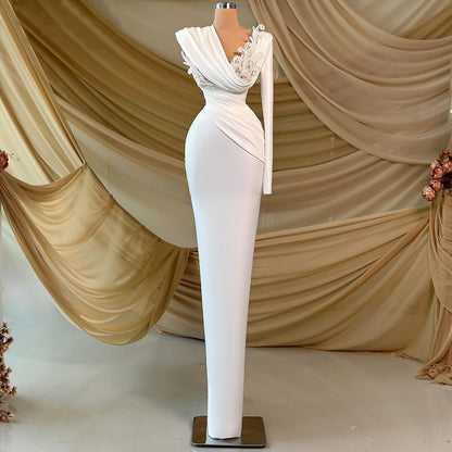 Modern Sheath V Neck Wedding Dress Long Sleeve Beading Bridal Outfit AP6866