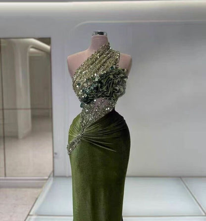 Sexy One Shoulder Green Prom Dress Sequins Mermaid Formal Dress AP6867