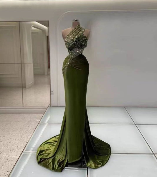 Sexy One Shoulder Green Prom Dress Sequins Mermaid Formal Dress AP6867