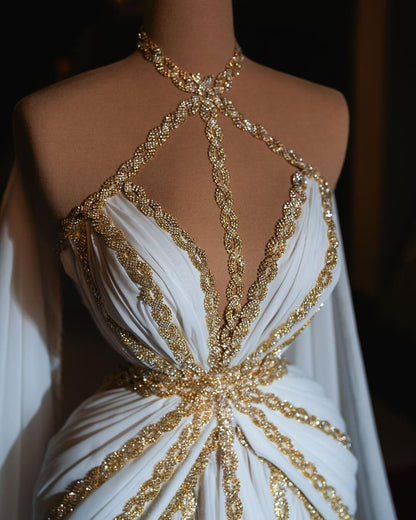 Greek Style White Prom Dress Beaded Halter Neck A-Line Evening Gowns AP6869