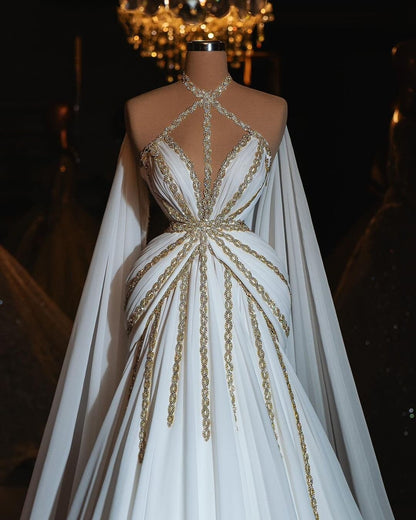 Greek Style White Prom Dress Beaded Halter Neck A-Line Evening Gowns AP6869