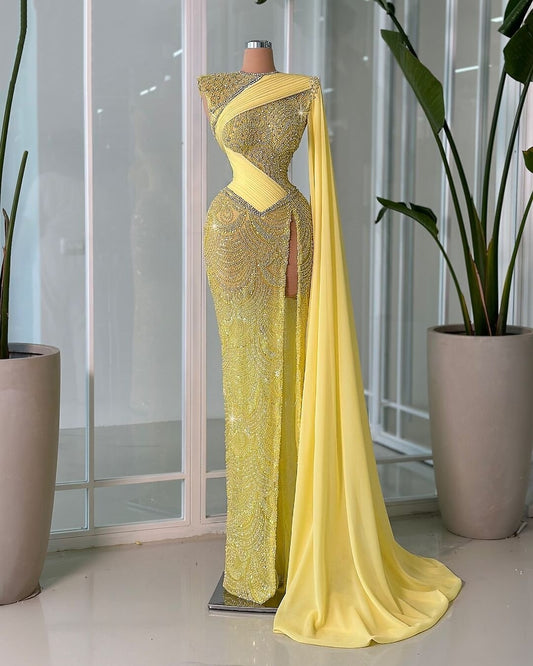 Pretty Slit Yellow Prom Dress Long Sleeve Sheath Beaded Formal Dress AP6870
