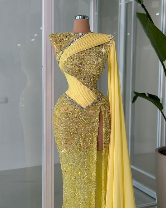 Pretty Slit Yellow Prom Dress Long Sleeve Sheath Beaded Formal Dress AP6870
