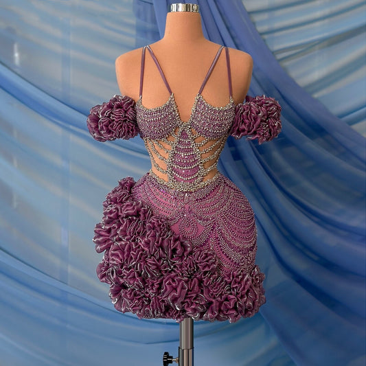 Fancy Purple Homecoming Dress Sheath Hoco Outfit Ruffles Beaded Birthday Dress AP6871