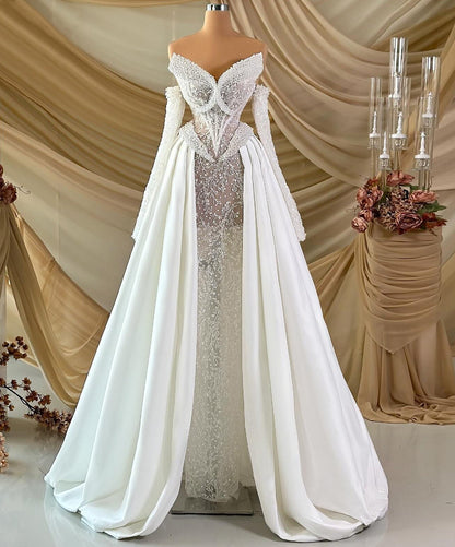 Maximalism Off-Shoulder A-Line Wedding Dress Long Sleeve Beading Sequins Bridal Outfit AP6872