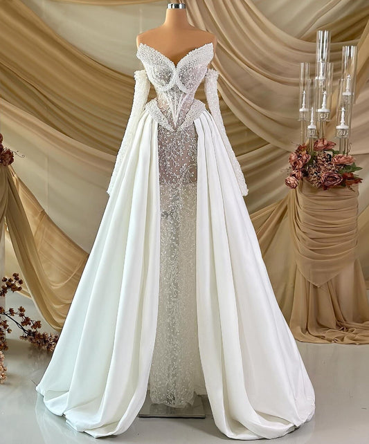Maximalism Off-Shoulder A-Line Wedding Dress Long Sleeve Beading Sequins Bridal Outfit AP6872