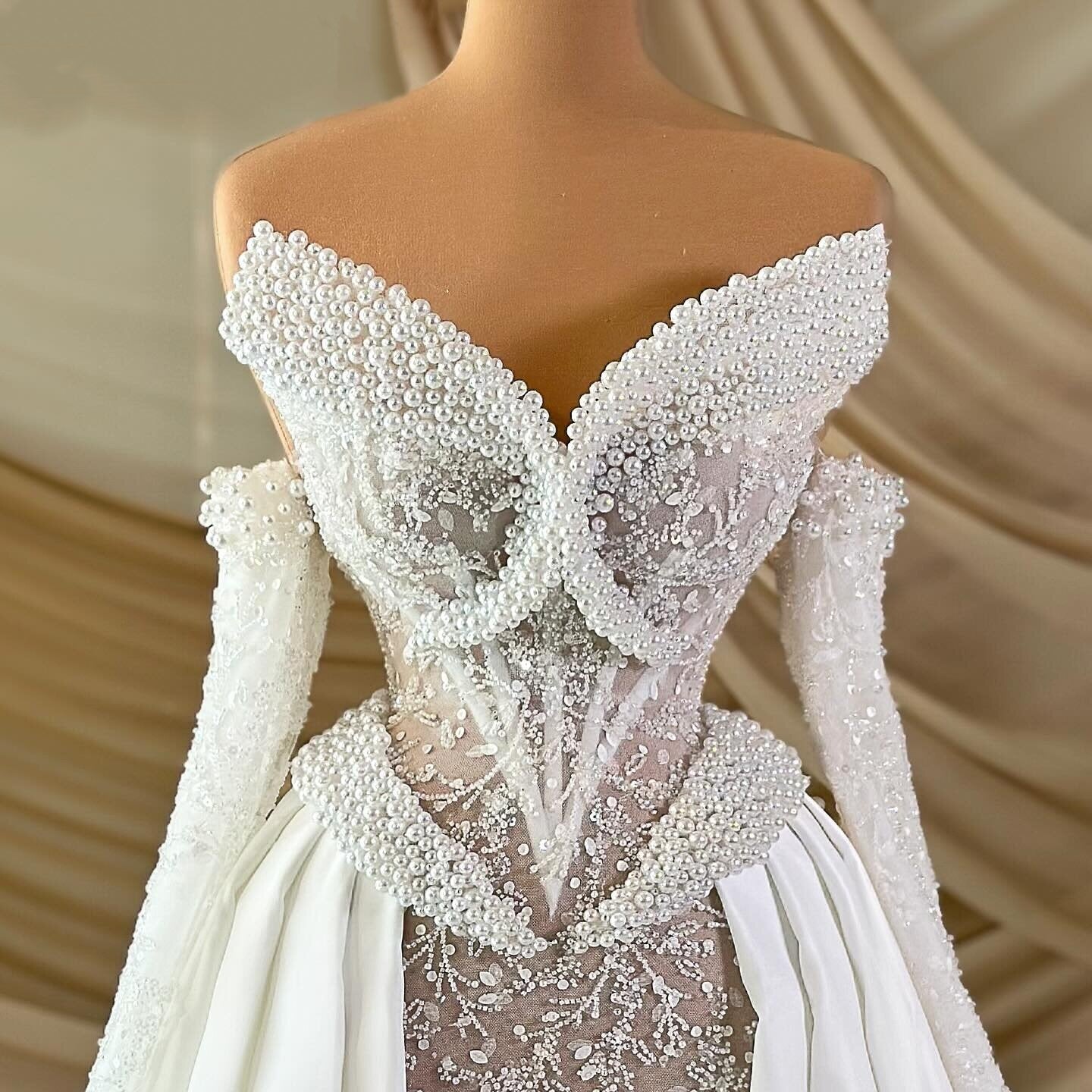 Maximalism Off-Shoulder A-Line Wedding Dress Long Sleeve Beading Sequins Bridal Outfit AP6872
