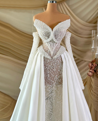 Maximalism Off-Shoulder A-Line Wedding Dress Long Sleeve Beading Sequins Bridal Outfit AP6872