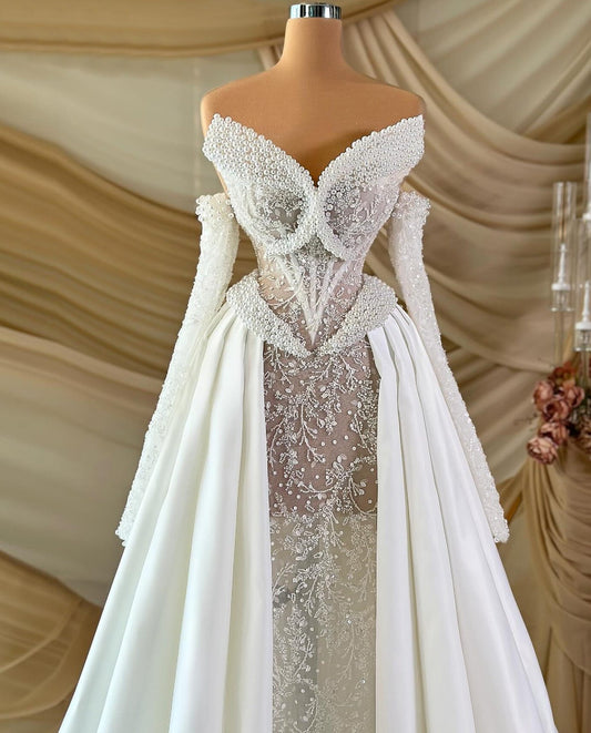 Maximalism Off-Shoulder A-Line Wedding Dress Long Sleeve Beading Sequins Bridal Outfit AP6872