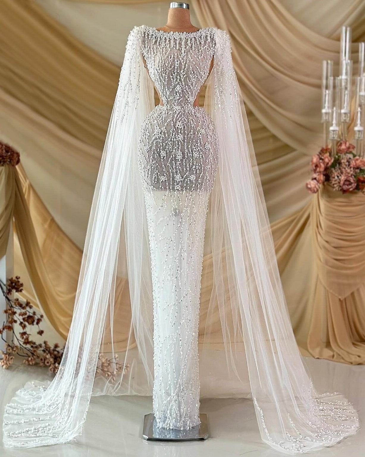 Delicate Sheath Jewel Neck Wedding Dress Tulle Long Sleeve Cape Beaded Bridal Outfit AP6873