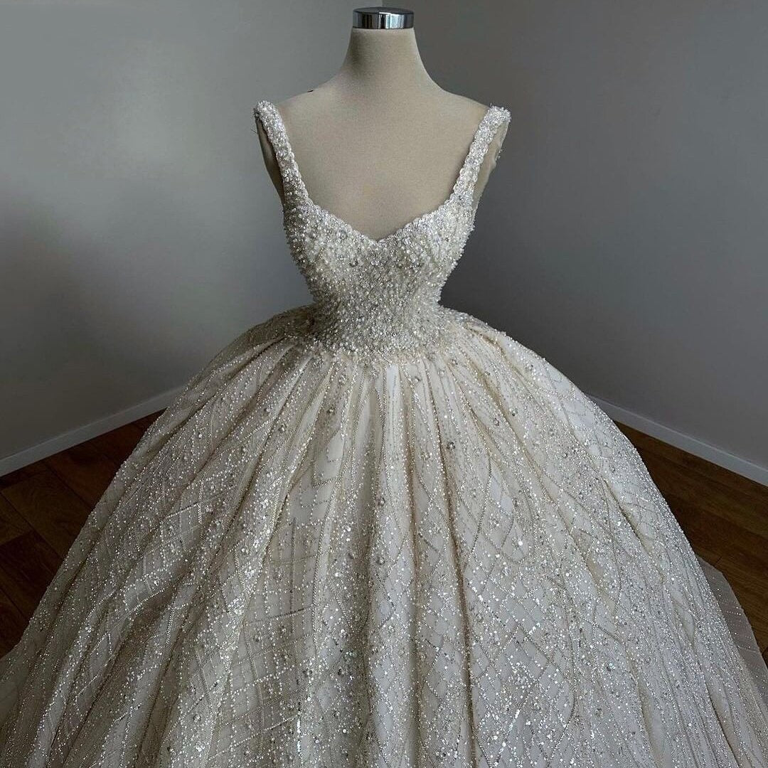 Casual Spaghetti Strap Beaded Wedding Dress Sequins A-Line Bridal Gown AP6875
