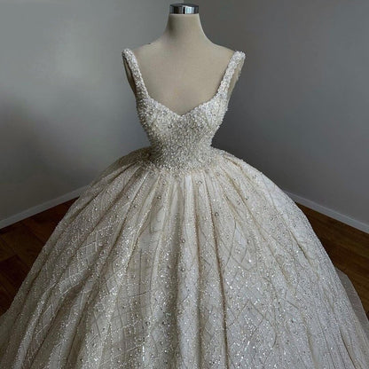 Casual Spaghetti Strap Beaded Wedding Dress Sequins A-Line Bridal Gown AP6875
