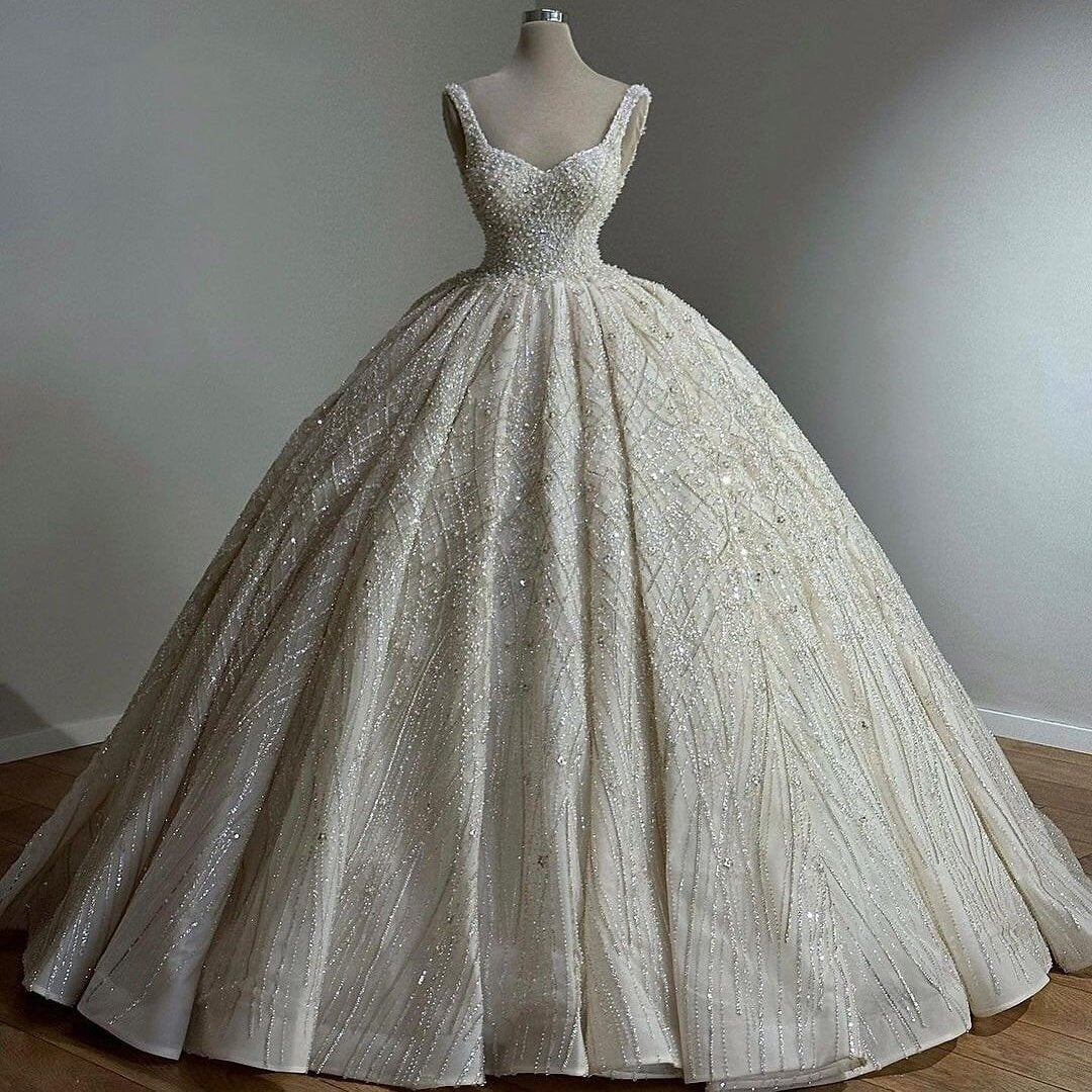 Casual Spaghetti Strap Beaded Wedding Dress Sequins A-Line Bridal Gown AP6875