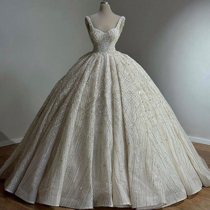Casual Spaghetti Strap Beaded Wedding Dress Sequins A-Line Bridal Gown AP6875