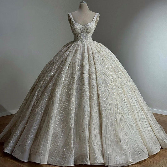 Casual Spaghetti Strap Beaded Wedding Dress Sequins A-Line Bridal Gown AP6875